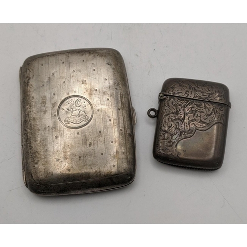 127 - Silver to include a floral engraved vesta together with a cigarette case, engraved 