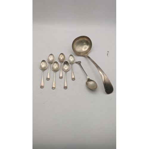 156 - Silver to include a sauce ladle hallmarked Sheffield 1960, together with silver teaspoons total weig... 