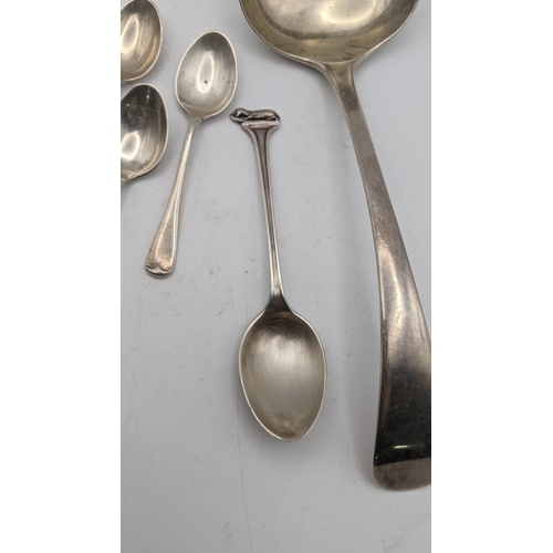 156 - Silver to include a sauce ladle hallmarked Sheffield 1960, together with silver teaspoons total weig... 