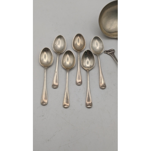 156 - Silver to include a sauce ladle hallmarked Sheffield 1960, together with silver teaspoons total weig... 