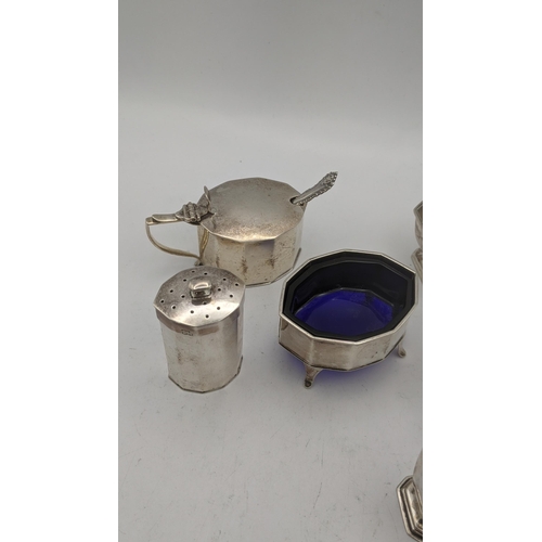 160 - Two silver three piece condiment sets, one set hallmarked Sheffield 1937 and the other hallmarked Bi... 