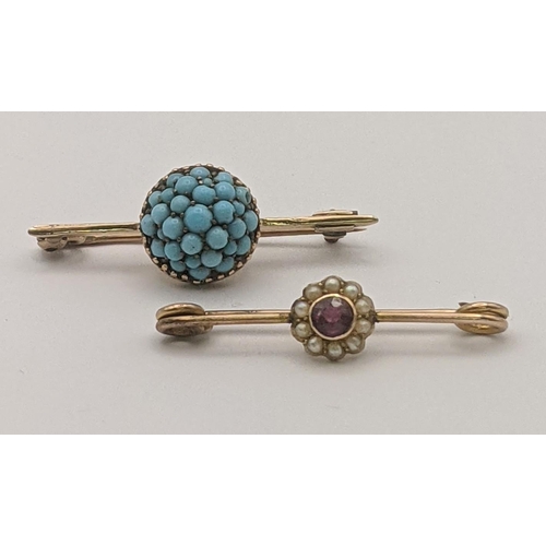 7 - Two yellow gold ladies bar brooch to include a Victorian turquoise cluster example tested as 15ct 4.... 