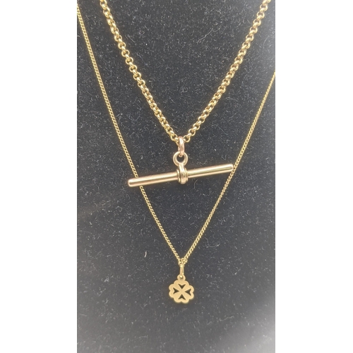 78 - Yellow gold to include a 4 leaf clover pendant on a necklace, a china link necklace having a gold pl... 