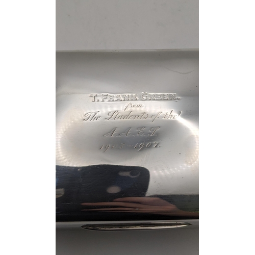 89 - A silver cigarette box entitled T.Frank Green to the lid hallmarked London 1906
Location: R1-3
If th... 