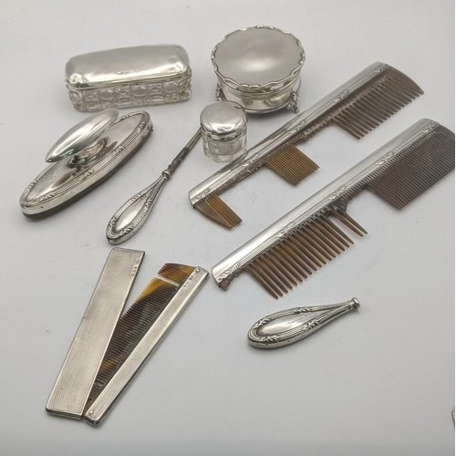 93 - Silver dressing table items to include a jewellery box A/F hallmarked Birmingham 1920, together with... 