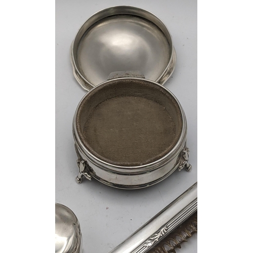 93 - Silver dressing table items to include a jewellery box A/F hallmarked Birmingham 1920, together with... 