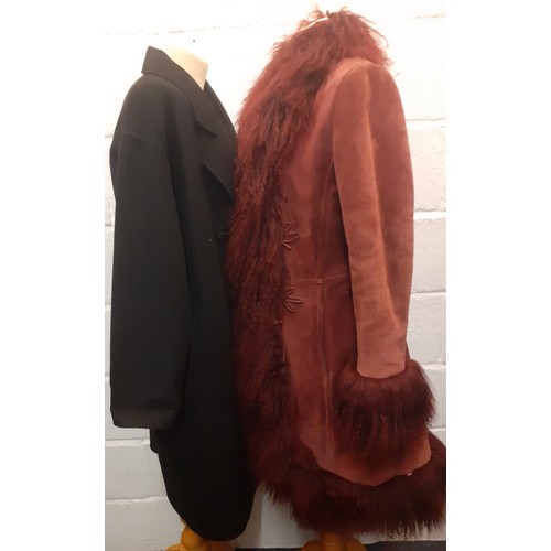 58 - Two modern ladies coats comprising a Ming burgundy suede coat with a fur effect woollen collar, cuff... 