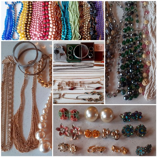 61 - Mixed vintage costume jewellery to include 1950's-70's bead necklaces, 4 silver and white metal fash... 