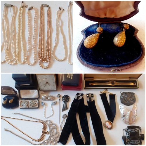 64 - A mixed lot comprising Victorian and later costume jewellery, a black velvet belt and choker, a Wehr... 