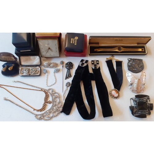 64 - A mixed lot comprising Victorian and later costume jewellery, a black velvet belt and choker, a Wehr... 