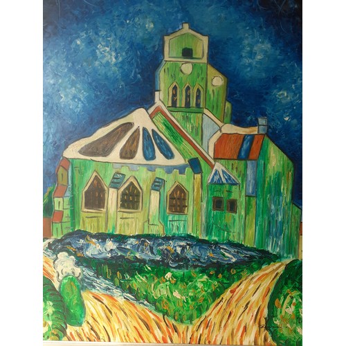 449 - An oil on board interpretation of Van Gogh's 'Church at Auvers in Paris' signed Bowers to the right ... 