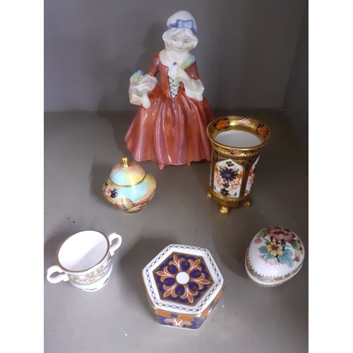 445 - A Royal Doulton figurine 'Lavina' together with 5 small bone china dressing table items to include R... 