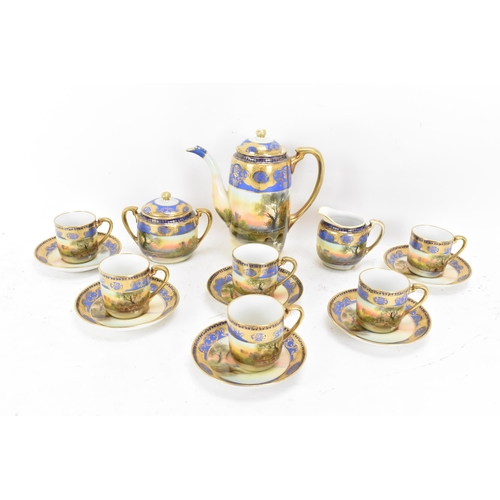 87 - An early 20th century Japanese Noritake porcelain coffee service, each painted with a continuous sce... 