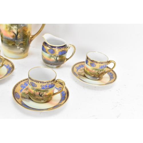 87 - An early 20th century Japanese Noritake porcelain coffee service, each painted with a continuous sce... 