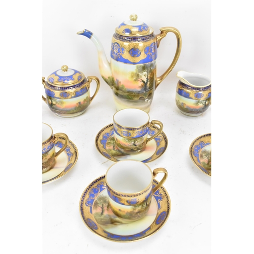 87 - An early 20th century Japanese Noritake porcelain coffee service, each painted with a continuous sce... 