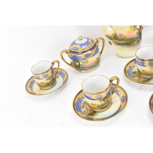 87 - An early 20th century Japanese Noritake porcelain coffee service, each painted with a continuous sce... 