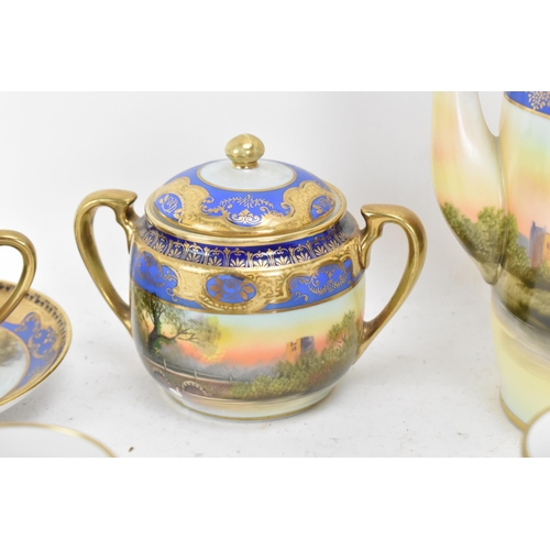 87 - An early 20th century Japanese Noritake porcelain coffee service, each painted with a continuous sce... 