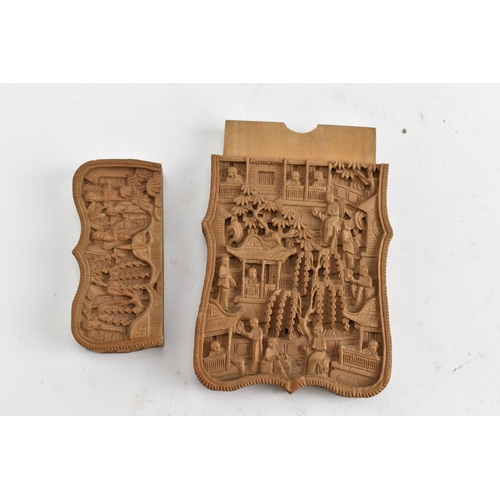 88 - A Chinese late Qing dynasty Canton sandalwood carved card case, late 19th century, profusely carved ... 