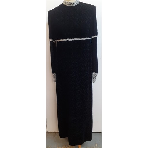 51 - Jean Varon, British Designer- A 1960's black full length plush velvet gown with silver metallic embr... 