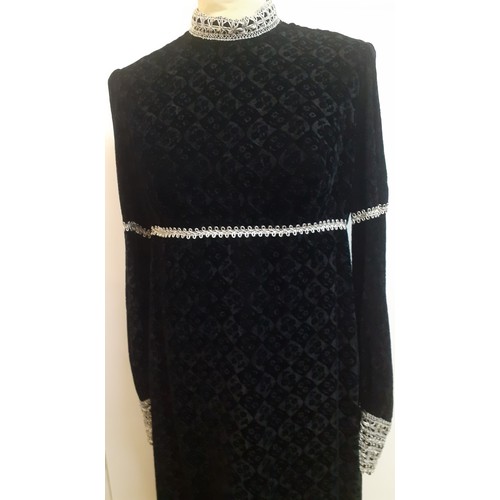 51 - Jean Varon, British Designer- A 1960's black full length plush velvet gown with silver metallic embr... 