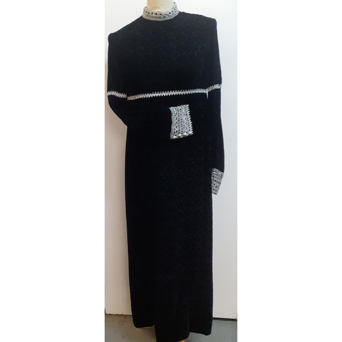 51 - Jean Varon, British Designer- A 1960's black full length plush velvet gown with silver metallic embr... 