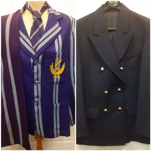 90 - A 1960's UCL male purple and blue striped blazer together with matching tie and scarf A/F, approx 38... 