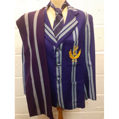 90 - A 1960's UCL male purple and blue striped blazer together with matching tie and scarf A/F, approx 38... 