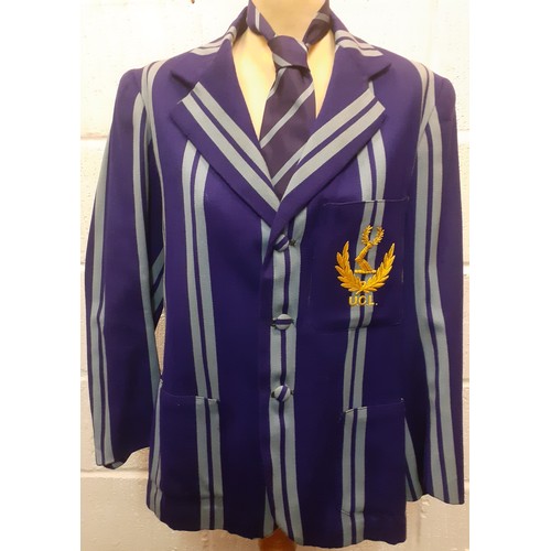 90 - A 1960's UCL male purple and blue striped blazer together with matching tie and scarf A/F, approx 38... 