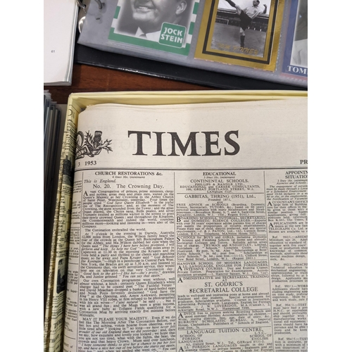 69 - Collectable items to include albums of collectors cards, a copy of The Times Newspaper from June 3rd... 