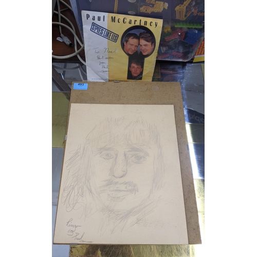 73 - A pencil sketch portrait of Ringo Star 'Ringo by Paul' in the bottom left hand corner and a Paul McC... 