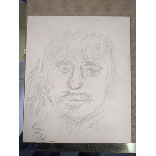 73 - A pencil sketch portrait of Ringo Star 'Ringo by Paul' in the bottom left hand corner and a Paul McC... 