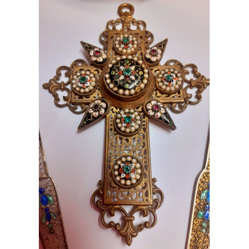 32 - An early to mid 20th Century Italian gold tone cross pendant approx 10cm long with inset painted gla... 