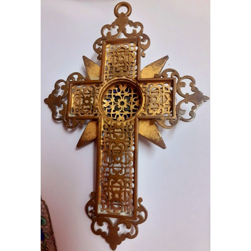 32 - An early to mid 20th Century Italian gold tone cross pendant approx 10cm long with inset painted gla... 