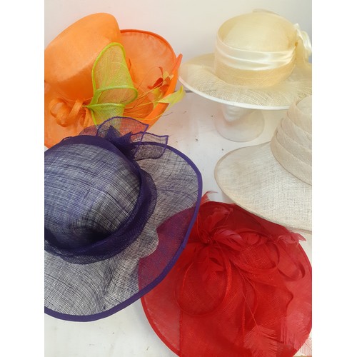 85 - A group of 5 ladies formal straw hats and 4 hatboxes to include a Gina Bacconi orange straw hat with... 