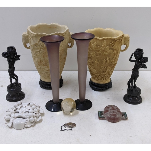 102 - Collectables to include two composition carved plant pots, a pair of glass vases, and other items
Lo... 