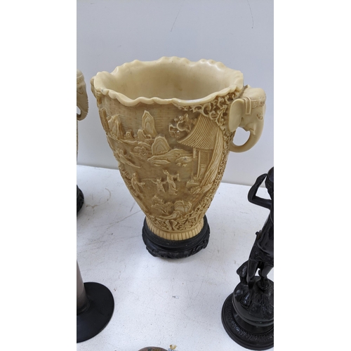 102 - Collectables to include two composition carved plant pots, a pair of glass vases, and other items
Lo... 