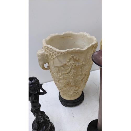 102 - Collectables to include two composition carved plant pots, a pair of glass vases, and other items
Lo... 