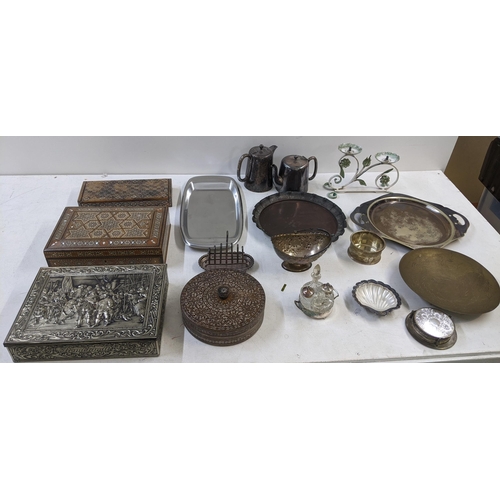 107 - A collection of mostly silver plate to include a tea and coffee pot, trays, condiment set, coasters,... 