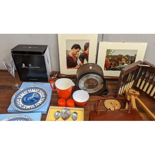 118 - A mixed lot to include a coal scuttle, a bed pan, flatware, commemorative plates, a Smith's mantel c... 