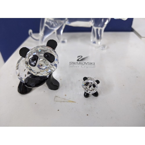 52 - Swarovski models of a Bison, a giraffe, and a tiger, boxed together with an adult and baby panda, un... 