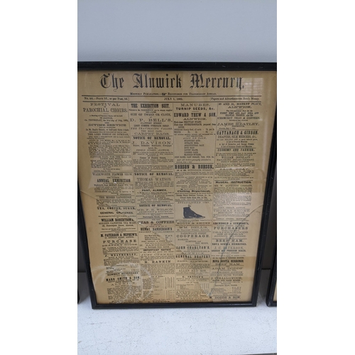 97 - A WWI era dagger set in a leather sheath, together with three frame newspaper pages form 'The Alnwic... 