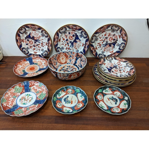 146 - Japanese Imari comprising of two dishes and a bowl, and a pair of dishes along with 19th century Der... 