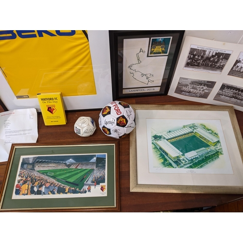 15 - Watford football related items to include a shirt, a signed football, picture and a book and other i... 