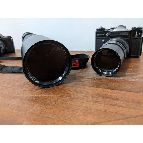 19 - Mixed 35mm cameras and lenses to include a Pentax P30N, 28-80mm and 80-200mm lens, a Zenit-E with an... 