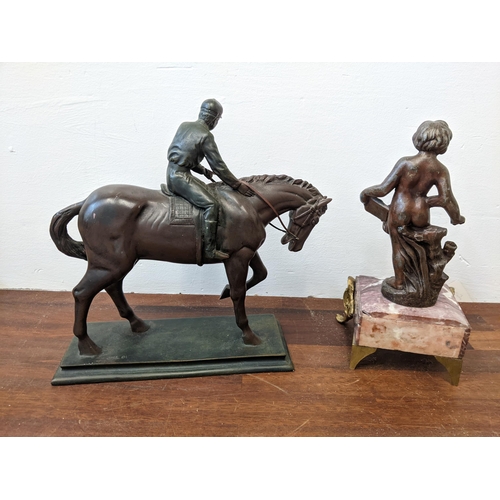 32 - A bronzed finished composition made of a race horse and a late 19th century French spelter figure cu... 