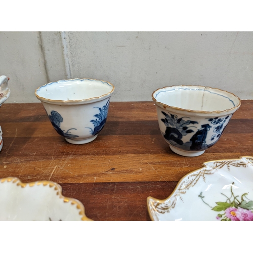 22 - 18th century Chinese porcelain basket and two tea bowls A/F, and German leaf dishes A/F, and two Fre... 