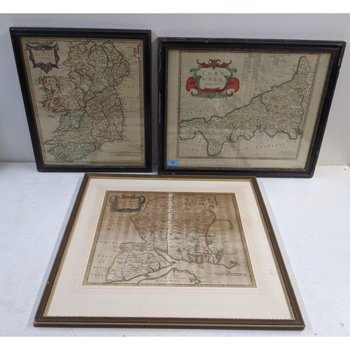 427 - Three framed Robert Morden maps to include Hampshire , Cornwall and another showing, The Kingdom of ... 