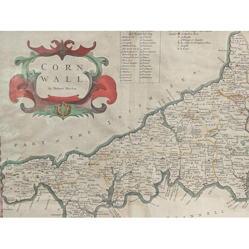 427 - Three framed Robert Morden maps to include Hampshire , Cornwall and another showing, The Kingdom of ... 