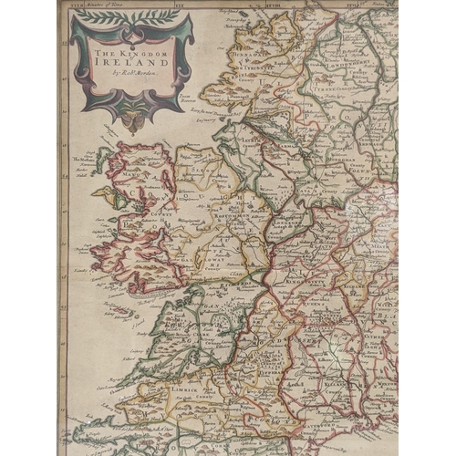 427 - Three framed Robert Morden maps to include Hampshire , Cornwall and another showing, The Kingdom of ... 