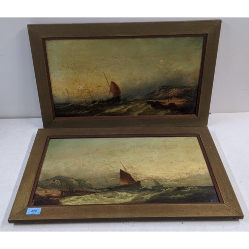 428 - Two seascapes, oil on canvas depicting boats near the shore with cliffs in the background, indistinc... 